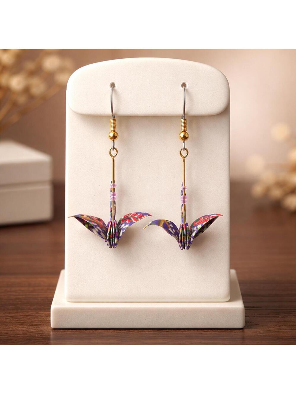 Origami paper Crane Dangle Earrings with Colorful Floral Pattern